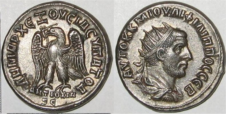 ROMAN EMPIRE PROVINCIAL, Philip I Antioch Billon Tetradrachm
Philip I Billon Tetradrachm of Antioch, Syria. Radiate, draped & cuirassed bust right, seen from behind / Eagle standing left, wreath in its beak, ANTIOXIA S C in exergue. Antioch Tetradrachm Prieur 448 
[img]http://www.forumancientcoins.com/gallery/albums/userpics/10427/thumb_BOTLAUREL_2011.JPG[/img]
Keywords: BOTLAUREL