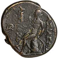 Reverse of a bronze coin of the Seleucid Antiochos I, showing Apollo seated on the omphalos