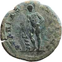 The reverse of a bronze coin of Caracalla showing Apollo with a serpent staff