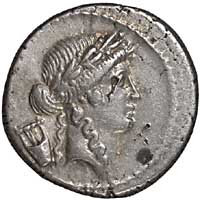 Obverse of a Roman Republican denarius of P. Clodius M. f. Turrinus showing the laureate head of Apollo
