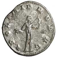 Reverse of an antoninianus of Valerian showing Apollo with bow and arrow