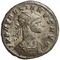 The obverse of an antoninianus of Aurelian, showing the emperor with a long neck
