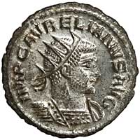 The obverse of an antoninianus of Aurelian, showing the emperor with a medium neck