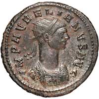The obverse of an antoninianus of Aurelian, showing the emperor with a very long neck