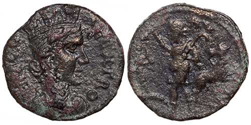A bronze coin of Alexandreia in Troas showing the herdsman Ordes with a pedum