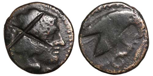 A bronze coin of Amyntas III showing Herakles, an eagle and a snake