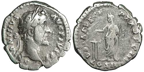 A silver coin of the emperor Antoninus Pius with a reverse showing the emperor taking vows over an altar