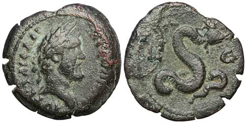 A potin Alexandrian coin of the emperor Antoninus Pius with a reverse showing the Agathodaemon serpent.
