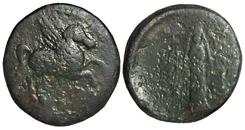 A bronze coin of Bargylia showing Pegasus and a cult statue of Artemis