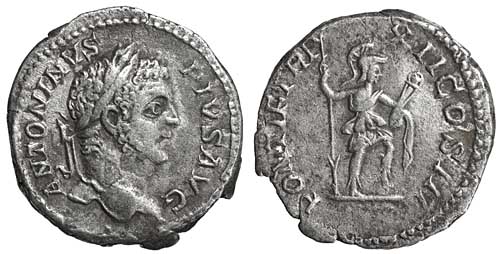 A silver denarius of Caracalla showing Virtus with spear and parazonium.