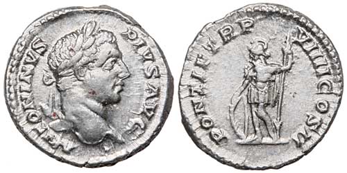 A silver denarius of the emperor Caracalla with a reverse showing Mars resting on a shield