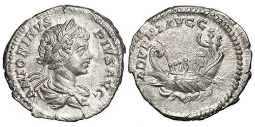 A denarius of the emperor Caracalla with a reverse showing a galley with passengers.