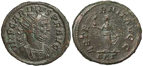 A billon antoninianus of the emperor Carinus with a reverse showing Aeternitas