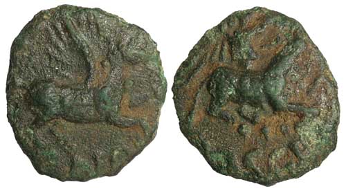 A bronze celtic coin of Cunobelin showing Pegasus and a sacrifice scene
