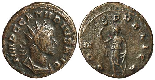 A billon antoninianus of the emperor Claudius II Gothicus with a reverse showing Spes