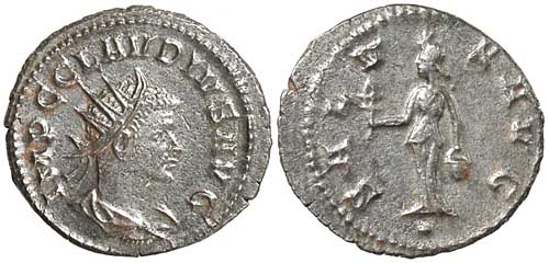 A billon antoninianus of Claudius II showing Isis with her sistrum and water carrier.