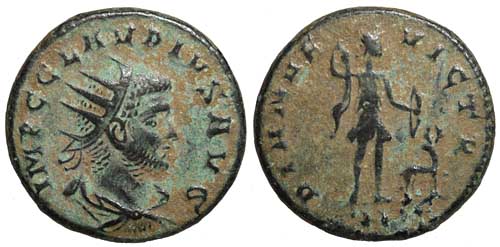 A billon antoninianus of the emperor Claudius II Gothicus with a reverse showing Diana and a stag.