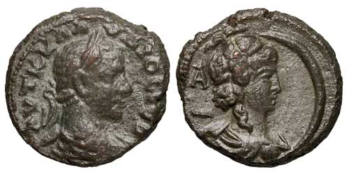 A potin tetradrachm of the emperor Claudius II Gothicus from Alexandria with a reverse showing Selene.