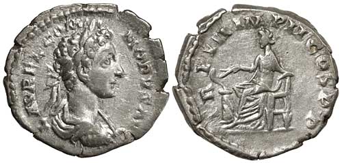 A silver denarius of the emperor Commodus with a reverse showing Salus