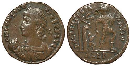 A billon centenionalis of the emperor Constantius II, hut type; RIC VIII Alexandria 58
