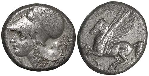 A silver drachm of Corinth showing Athena and Pegasos