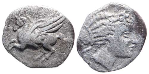 A silver hemidrachm of Corinth showing Pegasos and Aphrodite