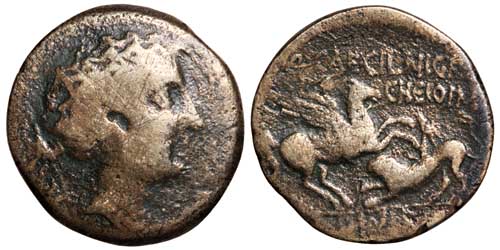 A brass AE22 of Corinth showing Aphrodite on one side and Pegasos on Bellerophon fighting Chimaera on the other