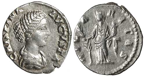 A silver denarius of the empress Crispina with a reverse showing Hilaritas