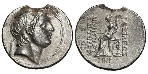 A silver tetradrachm of Demetrios I Soter of Seleukia with the ruler's head on the obverse and Tyche seated on the reverse