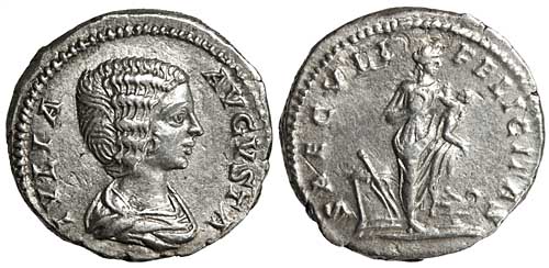 A silver denarius of the empress Julia Domna with a reverse showing Isis and Horus