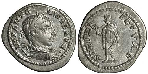 A double-struck silver denarius of the emperor Elagabalus with a reverse showing Spes