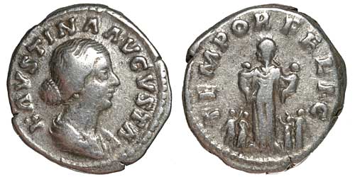 A silver denarius of the empress Faustina Junior with a reverse showing the empress with six children.