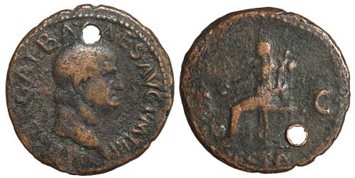 A holed copper as of Galba with a reverse showing Vesta