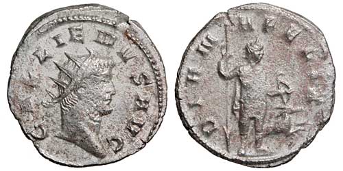 A billon antoninianus of the emperor Gallienus with a reverse showing Diana with bow and hound