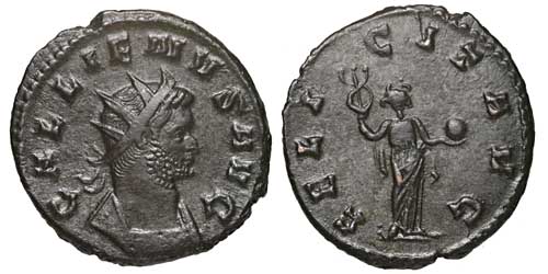 A billon antoninianus of the emperor Gallienus with reverse showing Felicitas with globe and caduceus