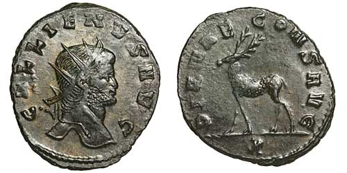 A billon antoninianus of the emperor Gallienus with a reverse showing a stag