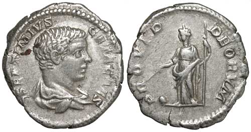 A silver denarius of the emperor Geta with a Providentia Deorum reverse.