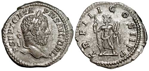 A silver denarius of the emperor Geta with a reverse showing two-faced Janus.