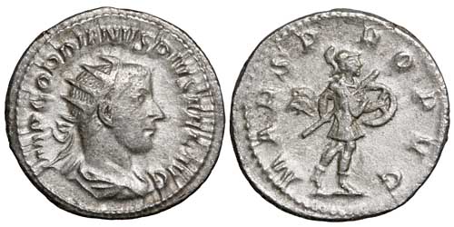 A silver antoninianus of the emperor Gordian III with a reverse showing Mars striding right
