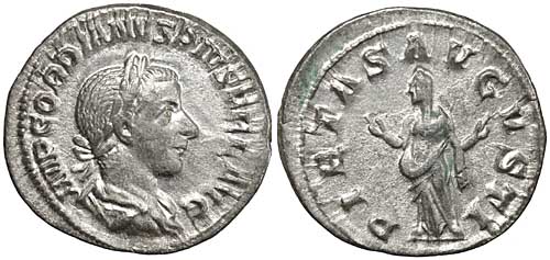 A silver denarius of the emperor Gordian III with a reverse showing Pietas