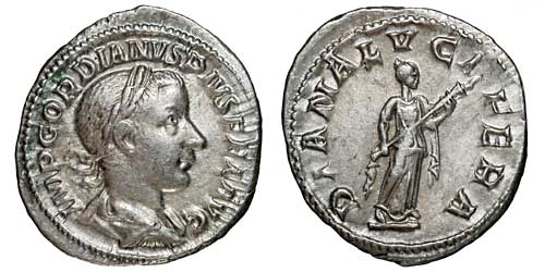 A silver denarius of the emperor Gordian III showing Diana with a torch.