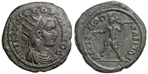 A bronze coin of the emperor Gordian III from Hadrianopolis in Thrace showing Pan with lagobalon and syrinx.