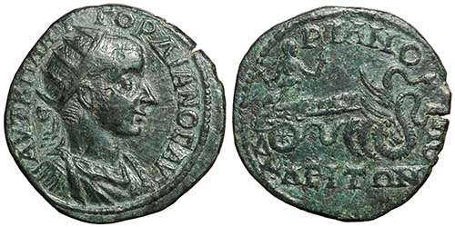 A bronze coin of the emperor Gordian III from Hadrianopolis in Thrace showing Artemis drawn by winged serpents.