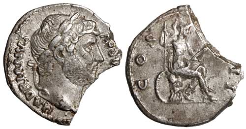 A silver denarius of the emperor Hadrian with a Roma-Virtus reverse