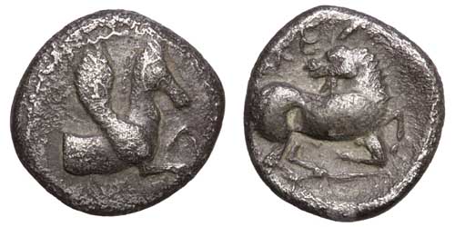 A small silver obol of Kelenderis in Cilicia showing Pegasos and a goat