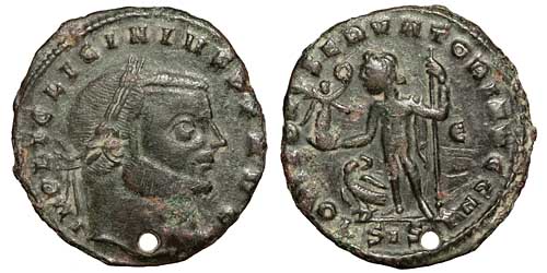 A billon follis of the emperor Licinius I showing Jupiter and an eagle