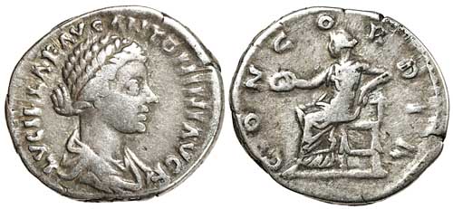 A silver denarius of the empress Lucilla with a reverse showing Concordia