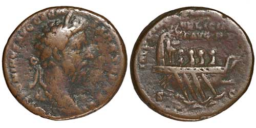A copper as of the emperor Marcus Aurelius with a reverse showing a galley.