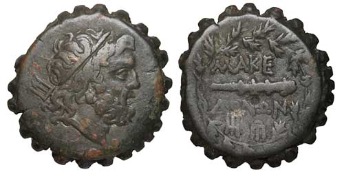 A serrated bronze coin of Macedonia showing Poseidon and a club within a wreath