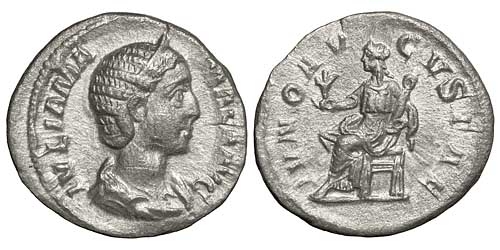 A silver denarius of the empress Julia Mamaea with a reverse showing Juno Lucina